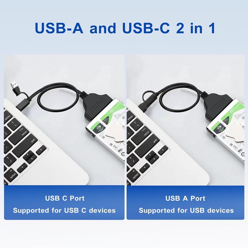 FANBLACK 2-in-1 SATA to USB Cable 1.6ft, USB-C/USB-A 3.0 to SATA III Hard Driver Adapter Compatible for 2.5 inch HDD and SSD External Converter (50cm) - Image 2